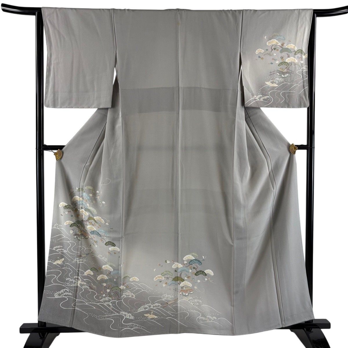 訪問着 身丈159cm 裄丈64.5cm M 袷 茶屋辻 金彩 ぼかし 灰色 正絹 秀品 一つ紋 【中古】