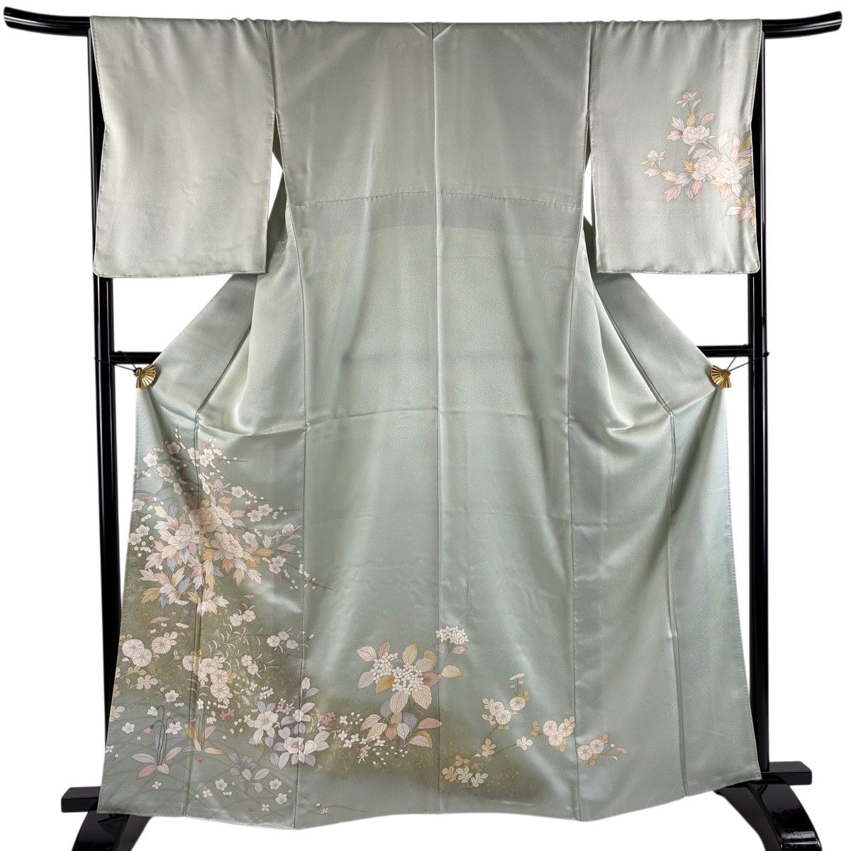 訪問着 身丈164cm 裄丈66.5cm M 袷 牡丹 枝梅 金彩 薄緑 正絹 秀品 【中古】