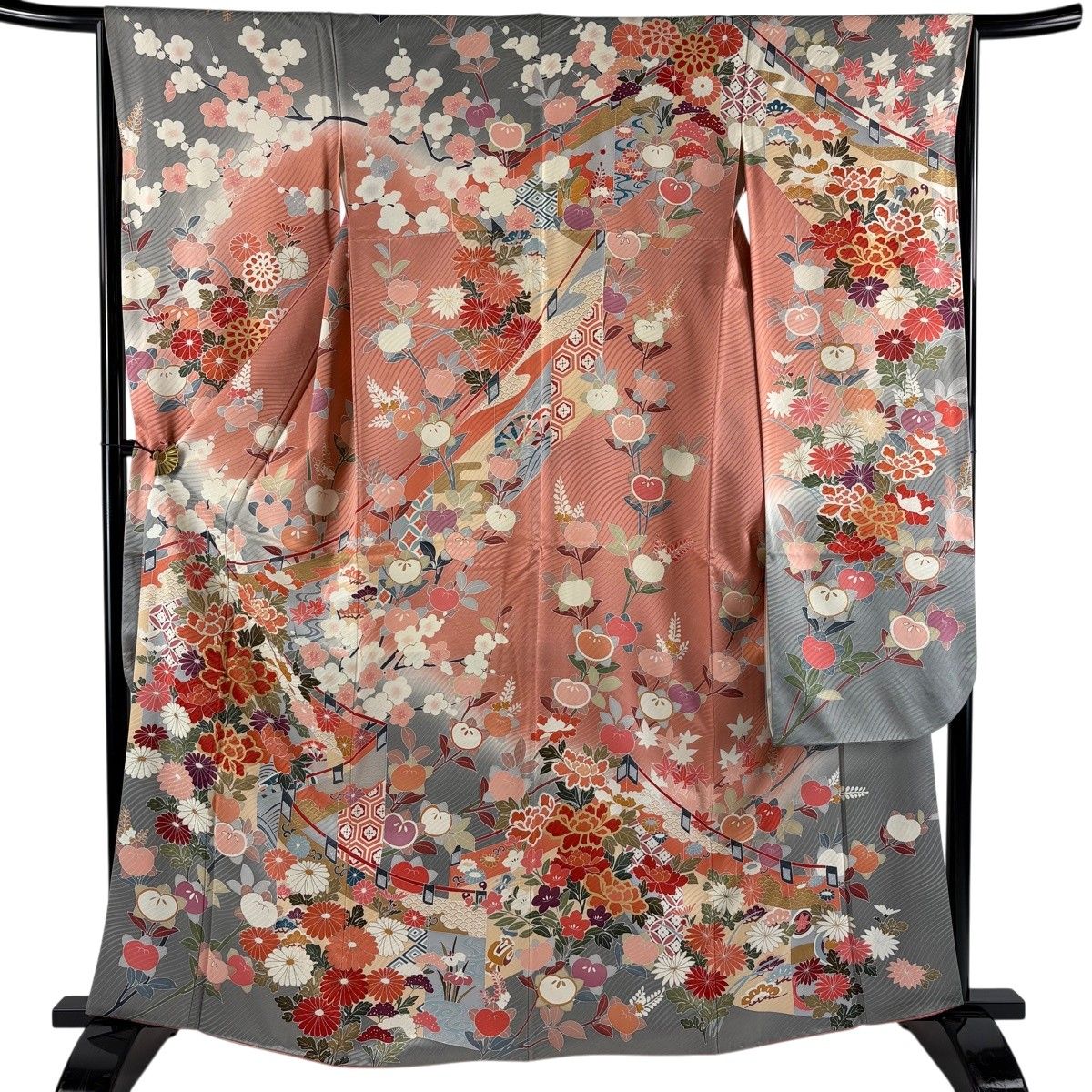 振袖 身丈164cm 裄丈64.5cm M 袷 幔幕 牡丹 金糸 金彩 ピンク 正絹 秀品 【中古】