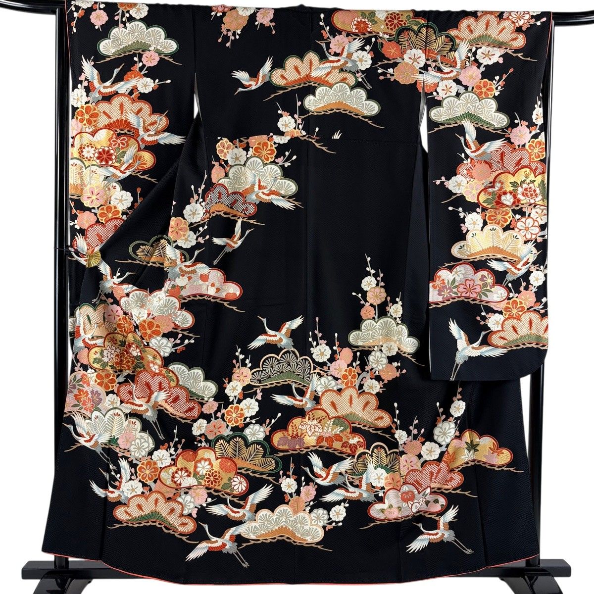 振袖 身丈159cm 裄丈65.5cm M 袷 笠松 鶴 金糸 金彩 黒 正絹 秀品 【中古】 6,776円