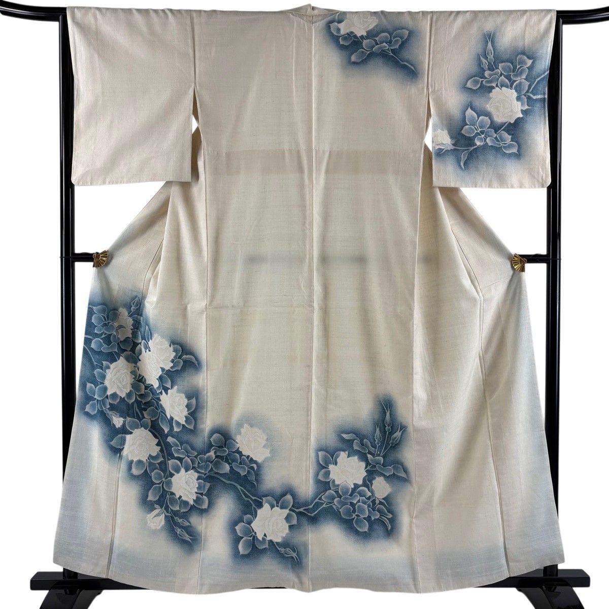 【美品】 付下げ 身丈159cm 裄丈65.5cm M 袷 紬地 薔薇 ぼかし クリーム 正絹 秀品 【中古】