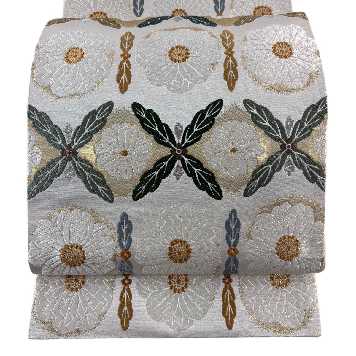 【美品】 袋帯 秀品 花 草花 唐織 金銀糸 灰白 六通 正絹 【中古】