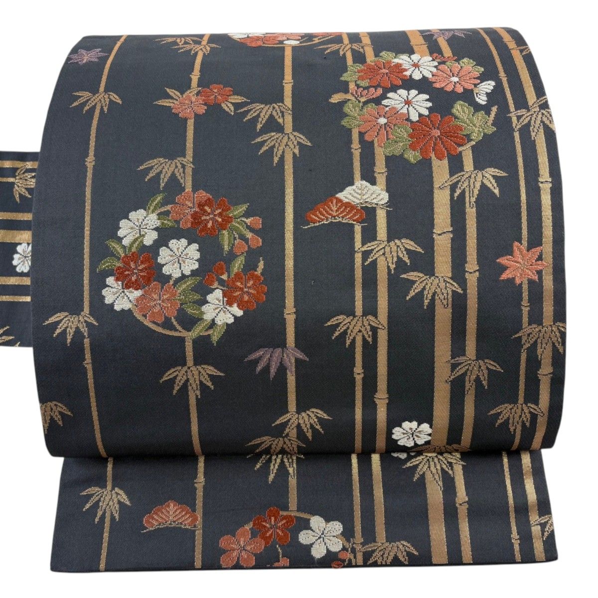 【美品】 名古屋帯 秀品 花丸文 松竹梅 箔 灰色 正絹 【中古】
