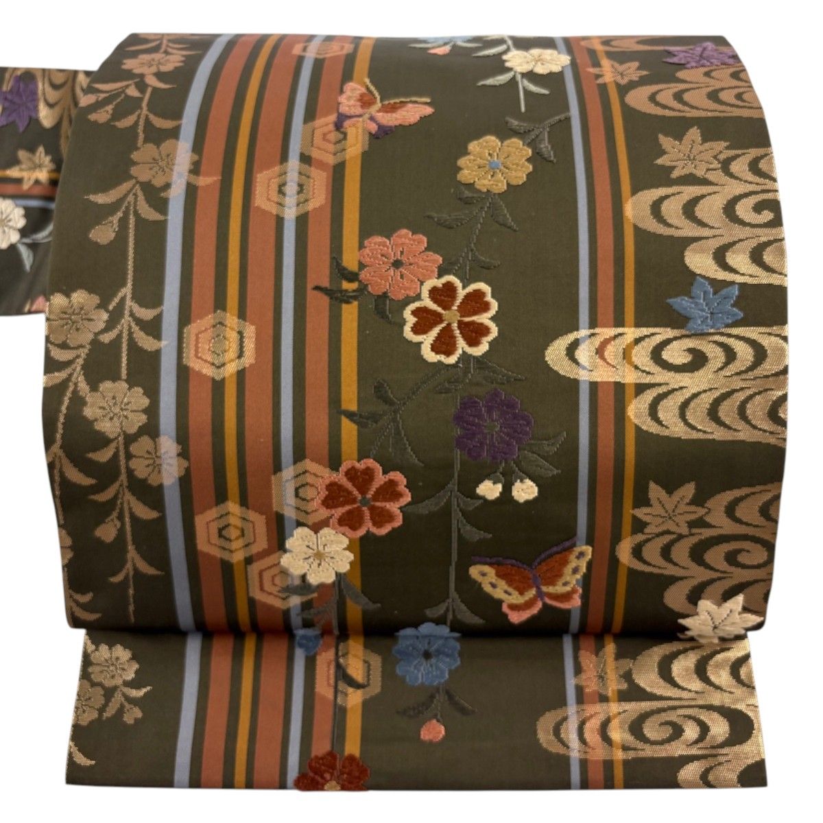 名古屋帯 秀品 桜 蝶 箔 茶緑色 正絹 【中古】