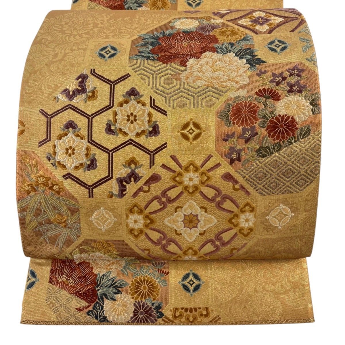 【美品】 袋帯 秀品 関西仕立て 蜀江文 草花 金糸 箔 ベージュ 六通 正絹 【中古】