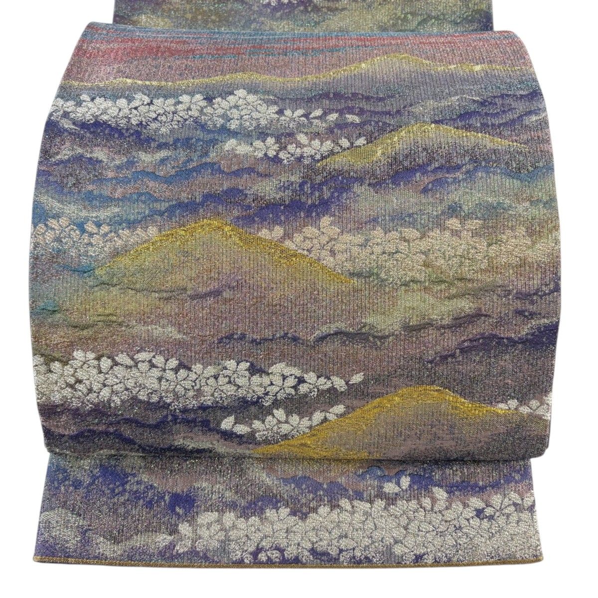 【美品】 袋帯 秀品 証紙 桜 山並み 金銀糸 箔 紫 六通 正絹 【中古】