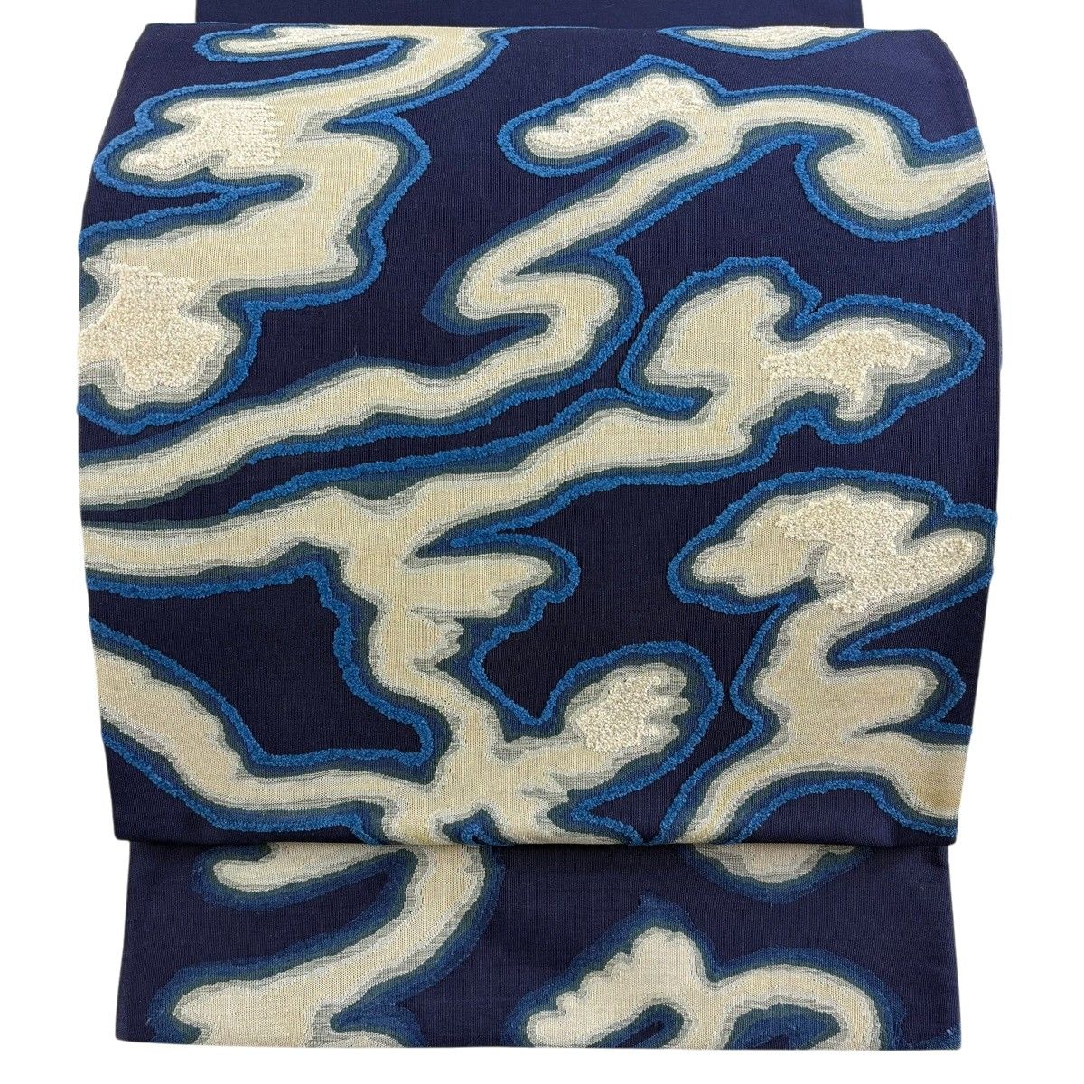 【美品】 袋帯 秀品 幾何学 ベルベット 紺色 お太鼓柄 正絹 【中古】