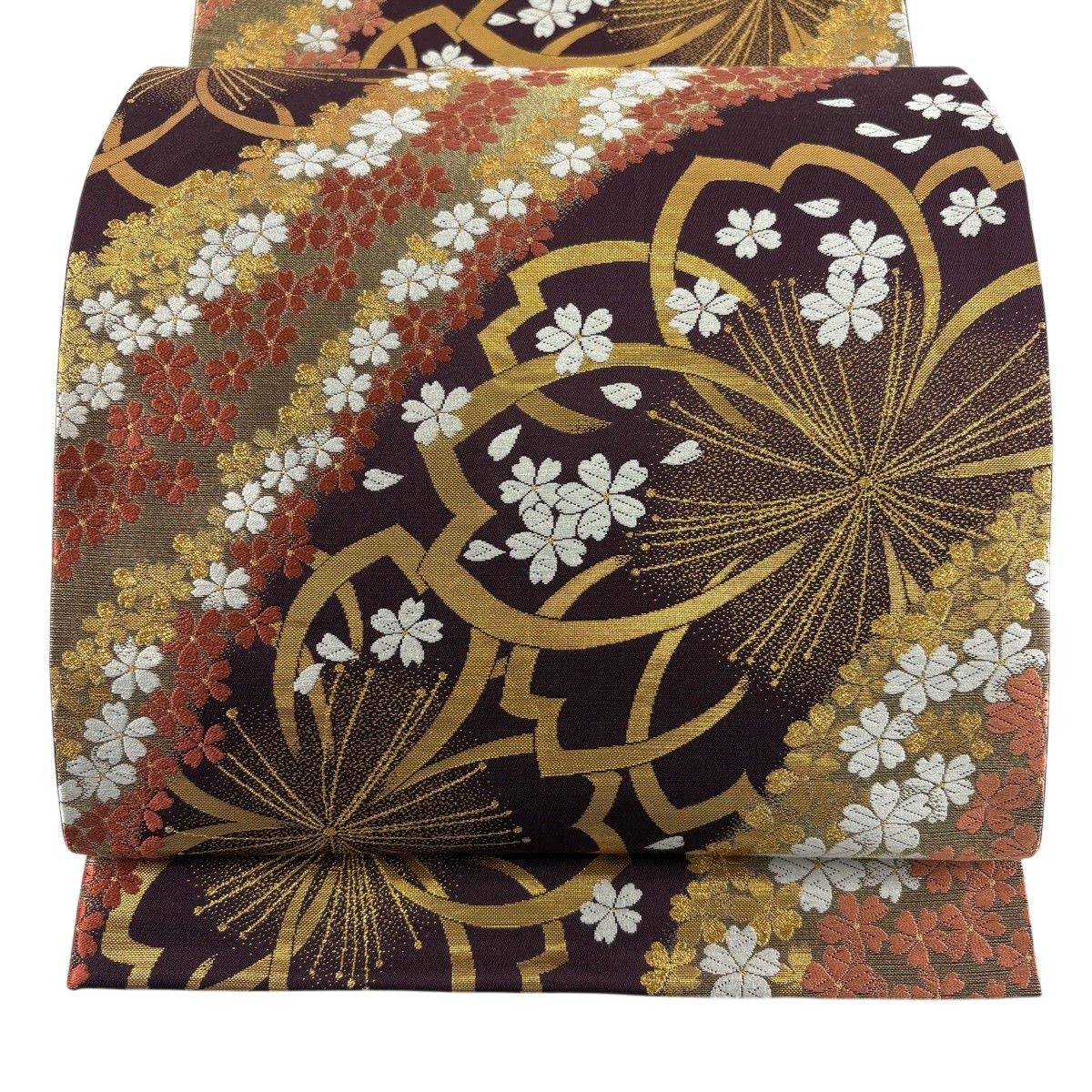 【美品】 袋帯 秀品 麗彩 朱雀 振袖向き 桜 桜の花びら 金糸 箔 濃紫 六通 正絹 【中古】