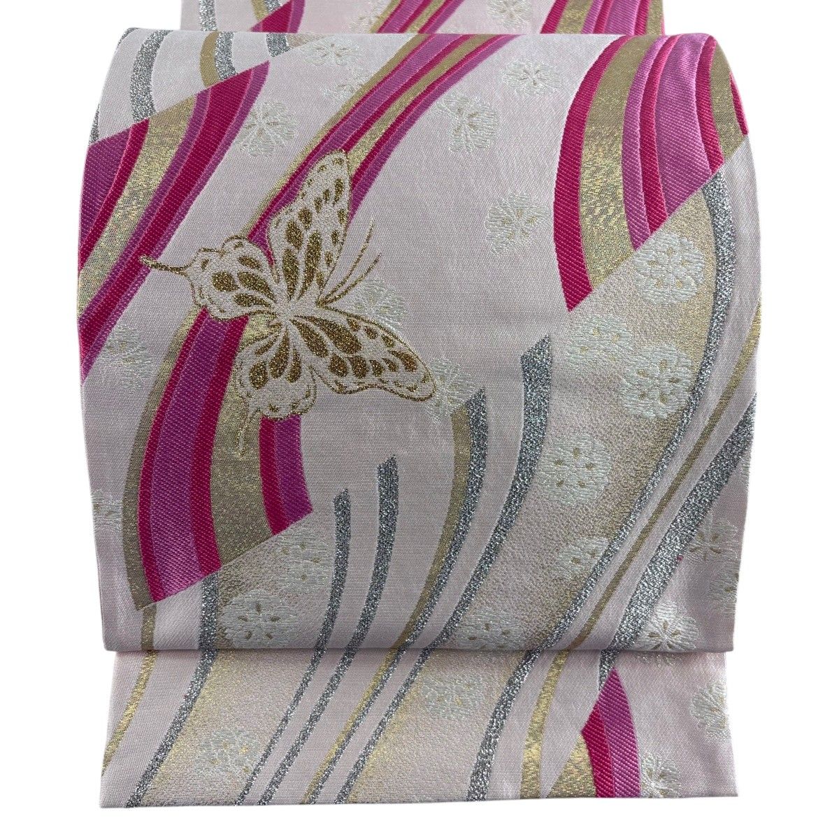 【美品】 袋帯 秀品 振袖向き 蝶 桜 箔 薄ピンク 六通 正絹 【中古】