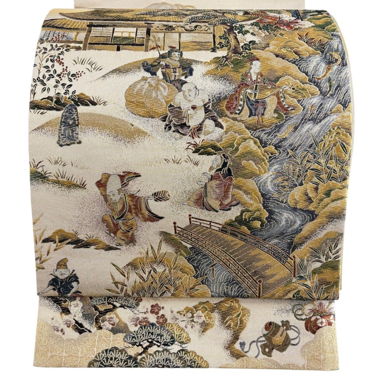 【美品】 袋帯 秀品 十壽円満図 七福神 風景 金糸 箔 金色 お太鼓柄 正絹 【中古】