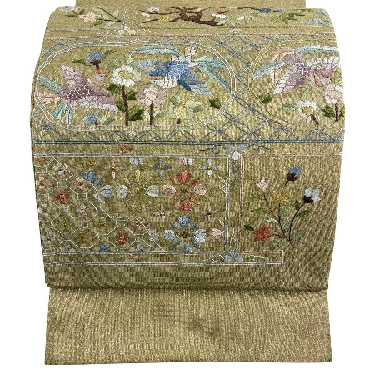 【美品】 袋帯 秀品 向鳥 草花 金糸 金通し 鶯色 お太鼓柄 正絹 【中古】 6,160円