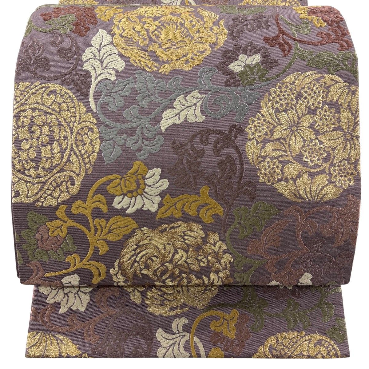 【美品】 袋帯 秀品 花丸文 花唐草 箔 唐織 紫 六通 正絹 【中古】