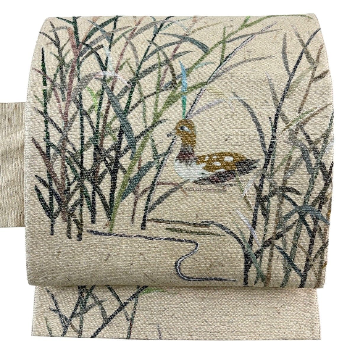 【美品】 名古屋帯 秀品 鳥 芝草 金彩 ベージュ 正絹 【中古】