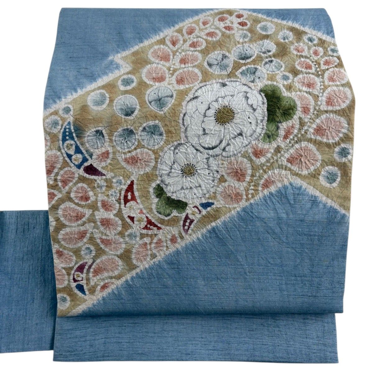 名古屋帯 名品 落款 草花 絞り 青灰色 正絹 【中古】