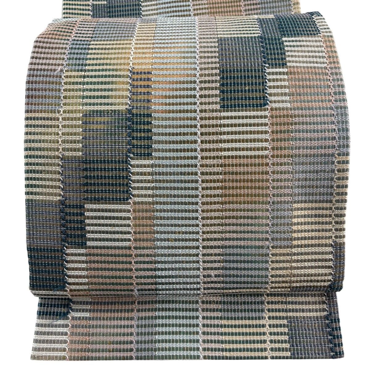 袋帯 名品 縞 幾何学 金糸 金彩 灰茶 六通 正絹 【中古】