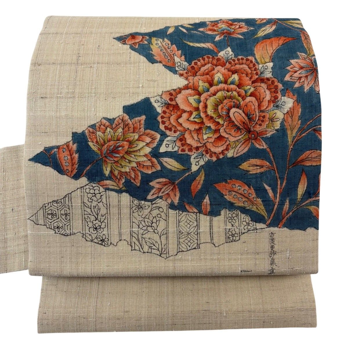 名古屋帯 名品 落款 更紗 草花 ベージュ 正絹 【中古】