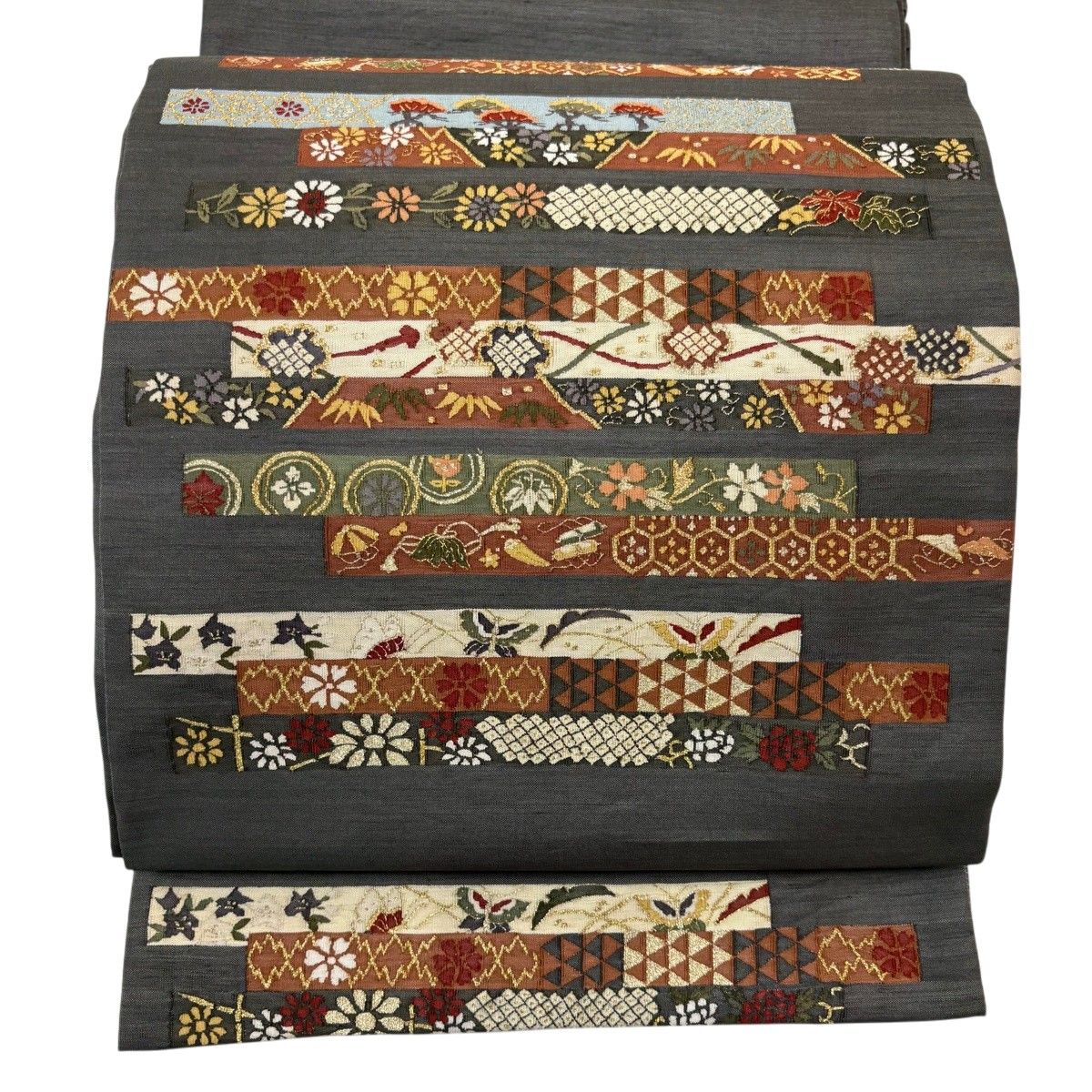 袋帯 名品 草花 縞 金糸 灰色 お太鼓柄 正絹 【中古】