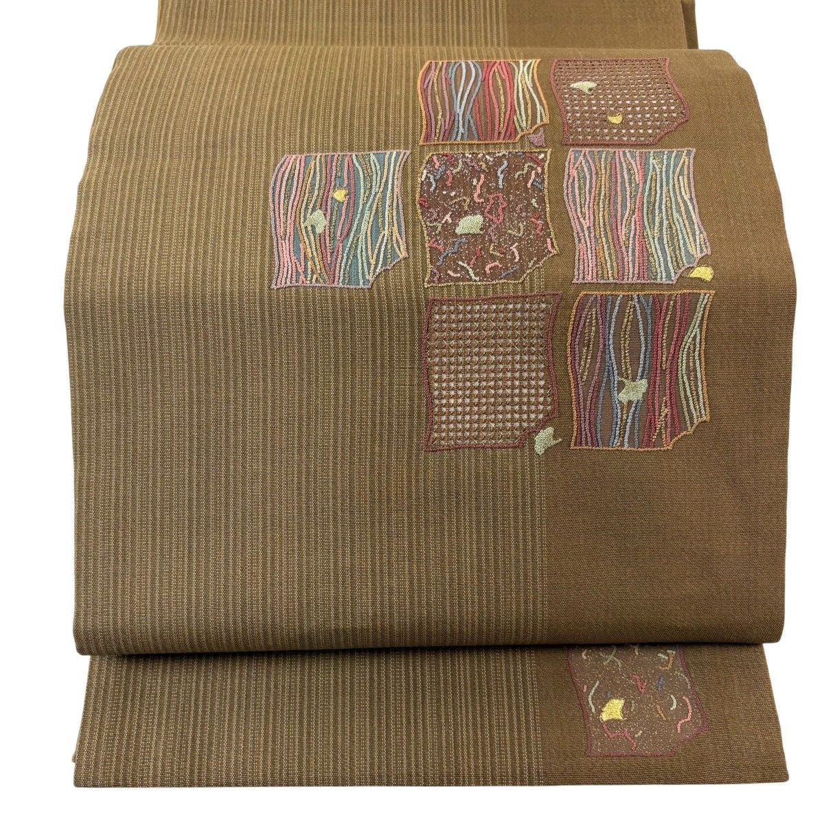 【美品】 袋帯 名品 幾何学 金糸 金銀彩 茶色 お太鼓柄 正絹 【中古】