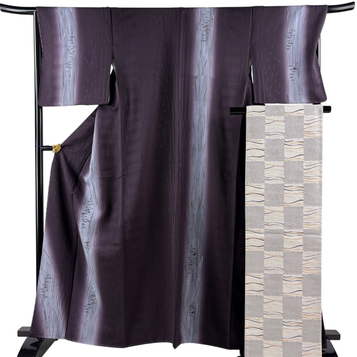【美品】 付下げ 身丈163.5cm 裄丈68cm L 袷 袋帯セット 笹 竹 染め分け ぼかし 濃紫 正絹 秀品 【中古】 14,976円