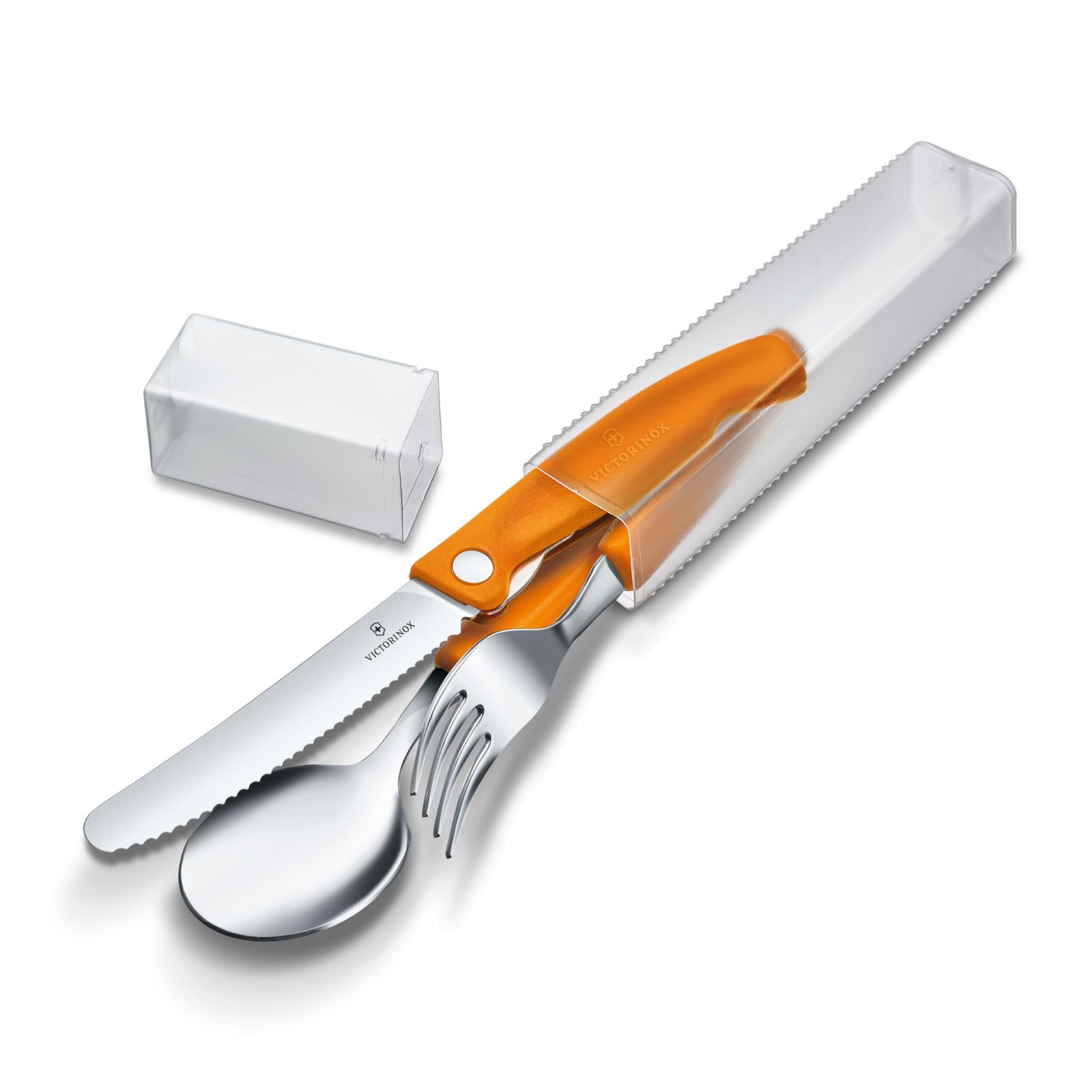 VICTORINOX(ビクトリノックス) カトラリーセット 食洗機対応 ナイフ フォーク スプーン3本 収納ケース付き 波刃 アウトドア キャンプ ピクニック スイスクラシック オレンジ 6.7192.F9t
