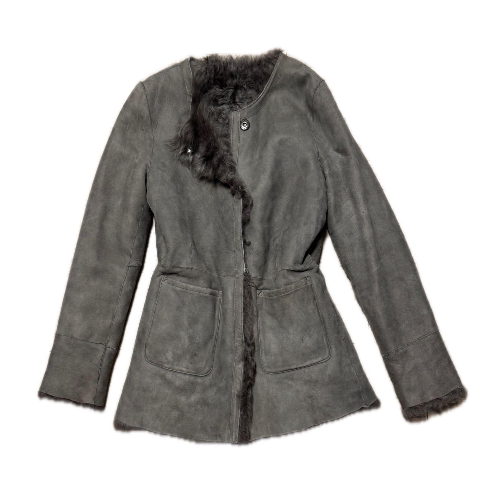 Vintage Real Shearling Sheepskin Collarless Fur Jacket / Coat in Charcoal Gray 【リアルムートン】ノーカラー シープスキン リアルファー レザージャケット チャコールグレー