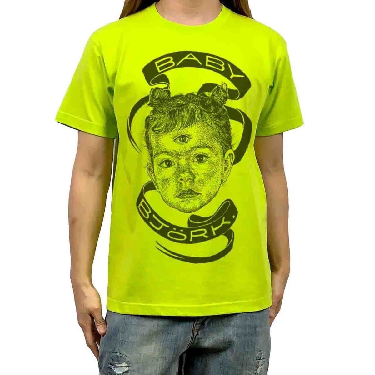 オリジナル Tシャツ ビッグ プリント ベイビー ビョーク Bjork 三つ目アートワーク 90'sオルタナ歌姫 黄緑 Tシャツ S M L XL タイト ジャスト 大きい ビッグ オーバーサイズ メンズ レディース ユニセックス ピンククリーム