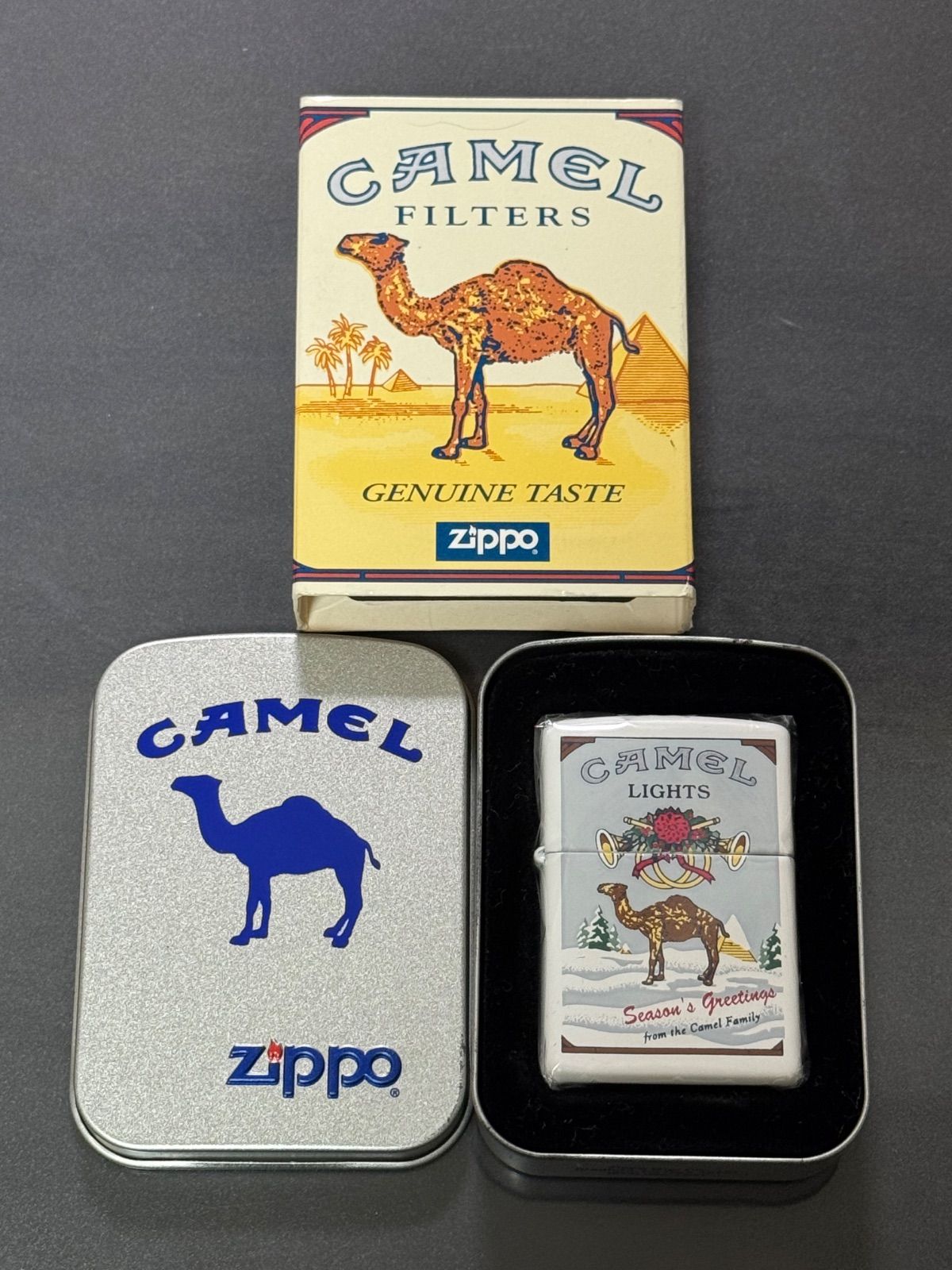zippo CAMEL LIGHTS Season's Greeting キャメル ライト シーズングリーティング 限定品 クリスマス 年代物 1997年製 ラクダ 雪化粧 デットストック シルバーインナー 1997年製 缶ケース 保証書
