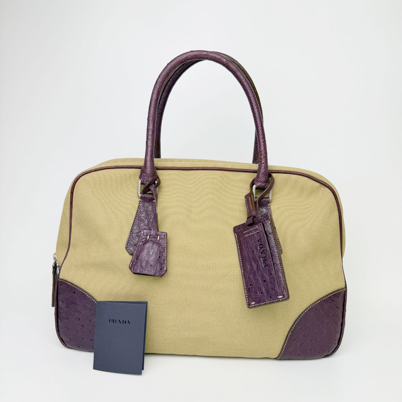 【中古】PRADA プラダ オーストリッチ ボウリング ハンドバッグ ボストンバッグ キャンバス / オーストリッチ ベージュ / パープル ヴィンテージ レディース HIBUOCHI VINTAGE hboc260807a01
