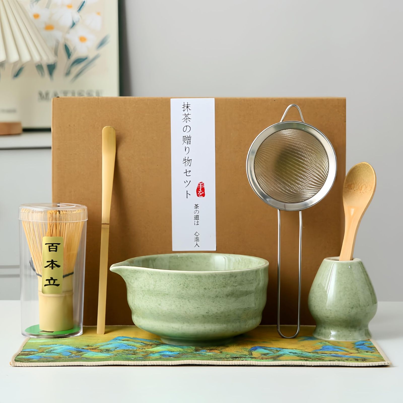 【おうち抹茶】抹茶7点セット matcha set 茶道具セット 抹茶碗 百本立茶筅 茶筅立て 茶杓 茶さじ 茶こし 茶巾 初心者向け 自宅でお点前 天然素材 ギフト 母の日 敬老の日 誕生日 プレゼント 1