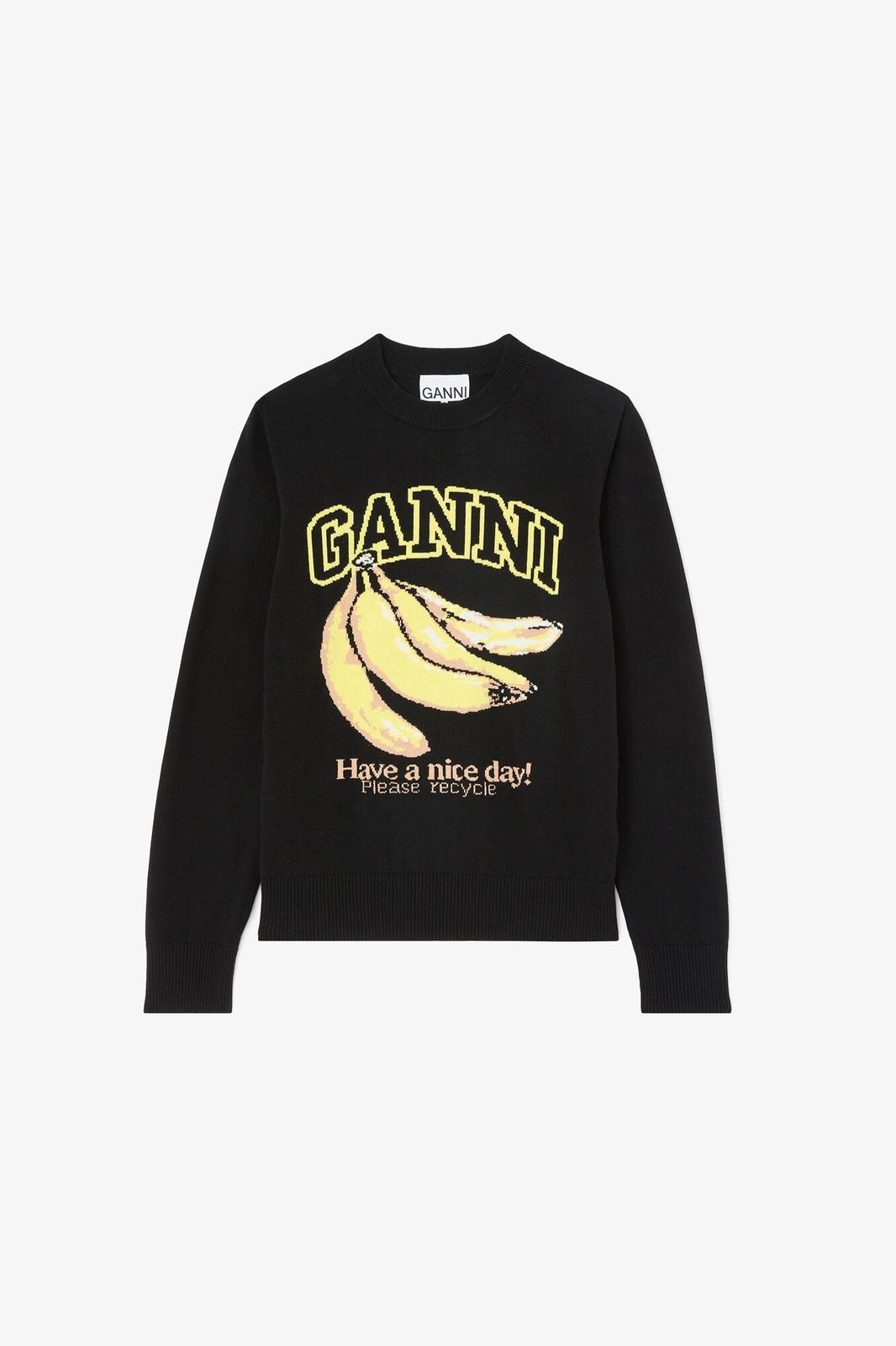 【新品・最安値】Ganni Fine cotton graphic sweater banana BLACK 正規品 トレーナー・スウェット