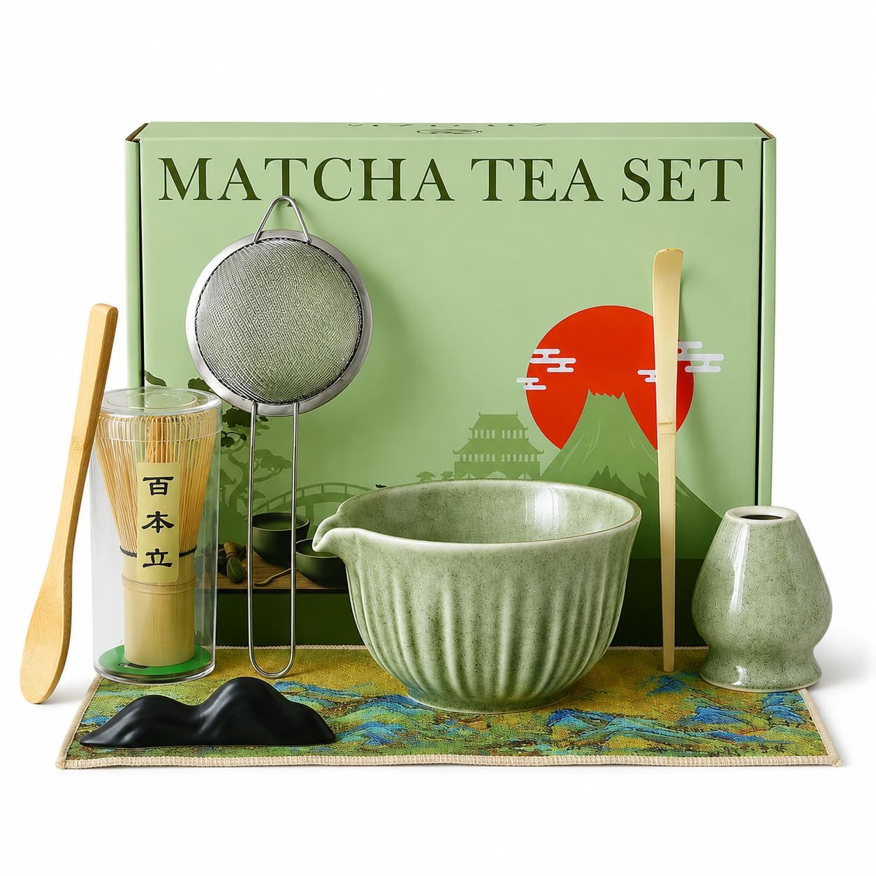 お抹茶 8点セット 初心者さん向け 茶道具セット お点前セット お抹茶8点セット 百本立 茶筅 茶筅立て 茶巾 茶杓 茶さじ 抹茶碗 抹茶泡立て器セット 敬老の日 父の日 母の日 クリスマス 新年 誕生日 ギフト プレゼント (縦縞-抹茶色) 1