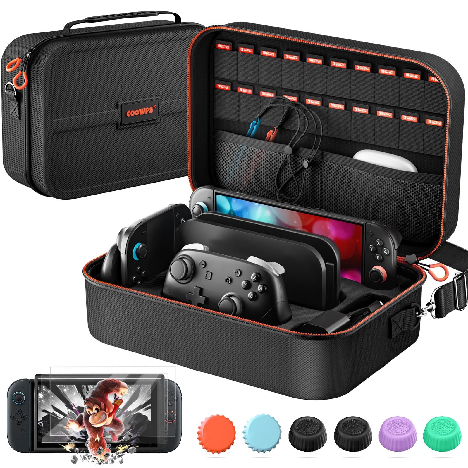 【Switch 2 ケース対応】 COOWPS switch 2 収納ケース 持ち運び便利 防水 防塵 防汚 耐衝撃 全面保護 ゲームカード20枚収納可能 大容量 キャリングケース 【スクリーンプロテクター *２枚】【スティックカバー *6個付属】 1