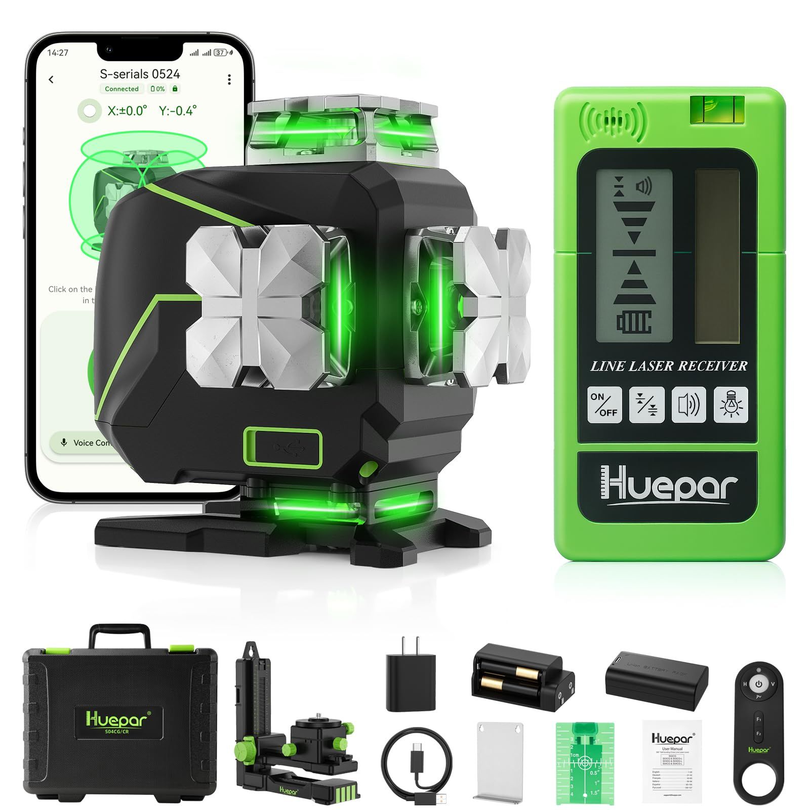N◆Huepar S04-5RGグリーンレーザー墨出し器 4x360° フルライン（受光器付属） | 軽天マウント リモコン付き LCD画面付き リモコン操作対応 パルスモードで屋外対応 | 三電源方式（専用リチウム電池・単3乾電池・ACアダ 5005ed72