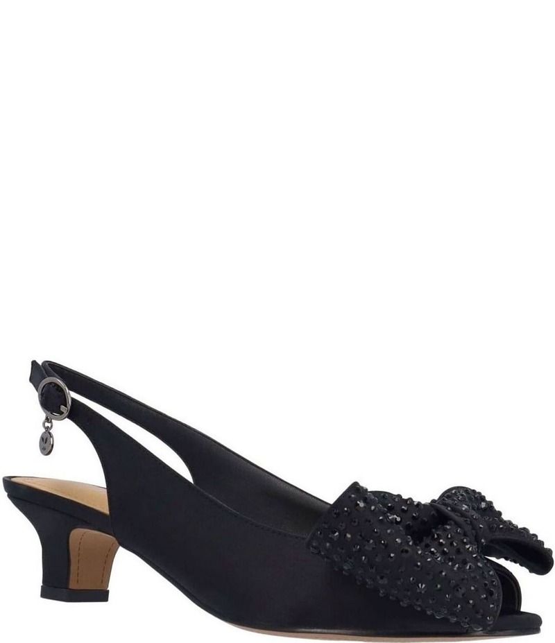 ジェイレニー レディース シューズ ヒール サテン J Renee Lirain Satin Embellished Bow Peep Toe Slingback Pumps Black ブラック