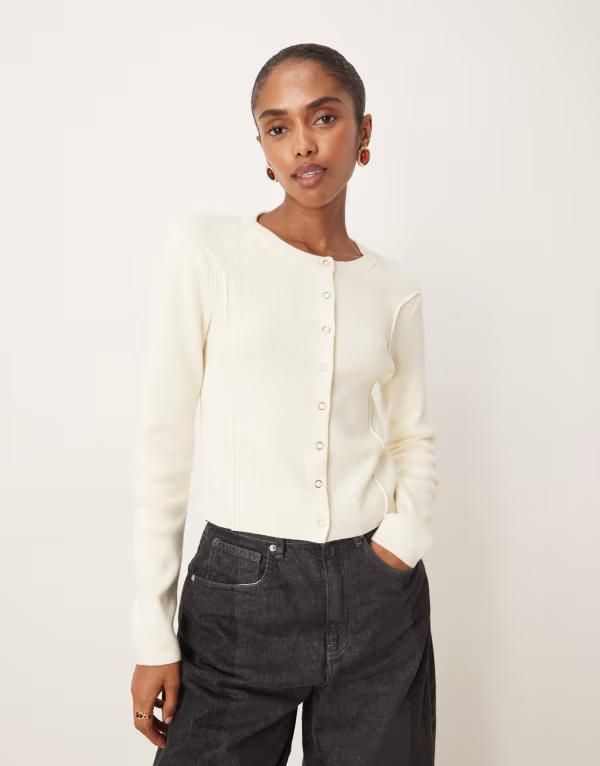 マンゴ レディース アウター カーディガン コットン Mango cotton mix seam detail cardigan in cream クリーム