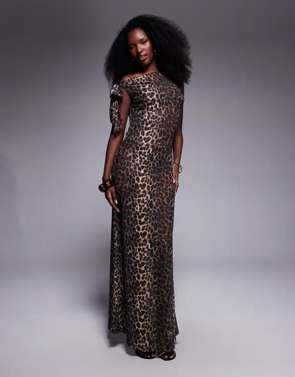 サウスビーチ レディース トップス ワンピース プリント メッシュ マキシ South Beach mesh maxi beach dress in leopard print BROWN ブラウン