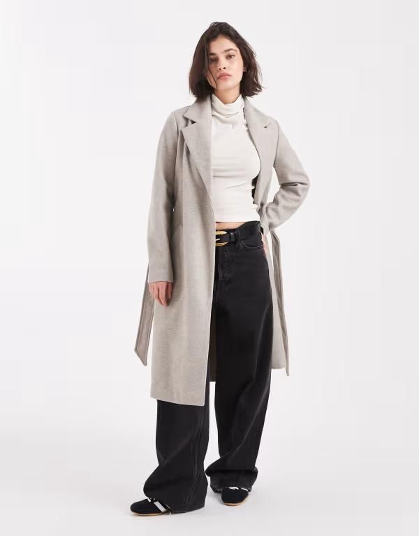 ヴェロモーダ レディース アウター コート ミディ Vero Moda belted formal midi coat in heathered mink Silver Mink MELANGE ミン