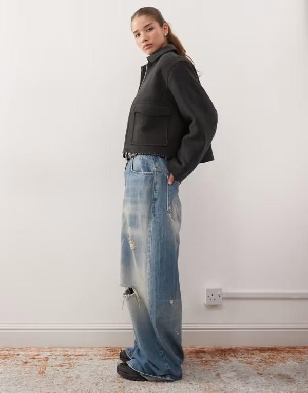 モンキ レディース アウター コート ウール ジャケット Monki wool look short collared jacket in dark Dark Gray グレー