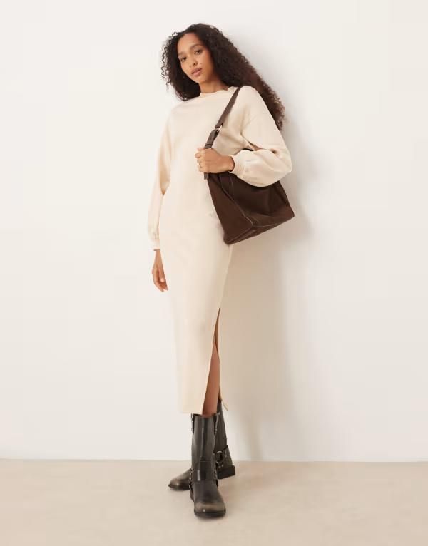 エイソス レディース トップス ワンピース バルーンスリーブ ミディ コットン ASOS DESIGN cotton balloon sleeve midi sweat dress in cream