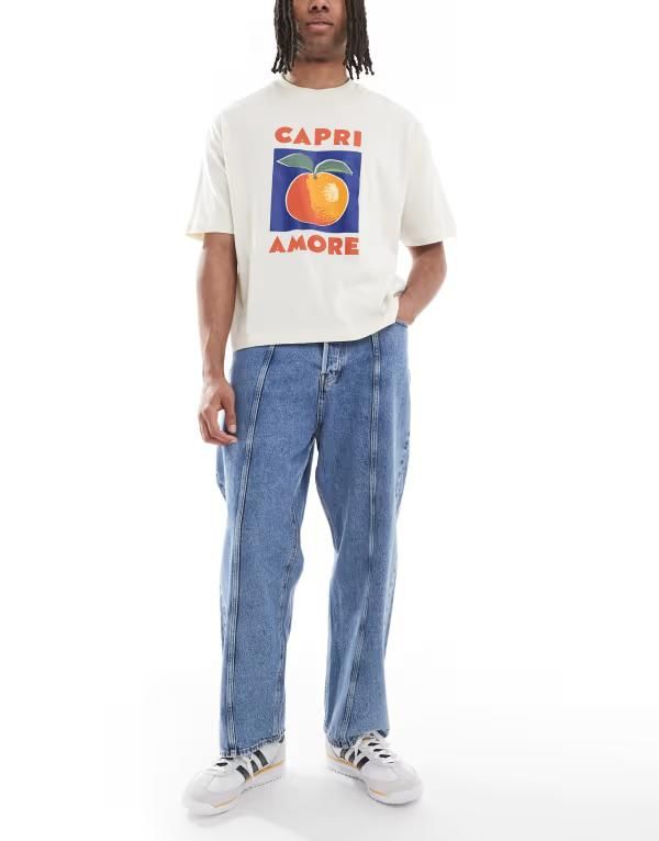 ジャック アンド ジョーンズ メンズ ボトムス デニムパンツ ジーンズ Jack Jones baggy fit jeans with seam detail in mid Blue Denim デニ