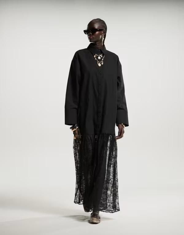 エイソス レディース トップス ワンピース シャツ スカート レース マキシ ASOS DESIGN 2in 1 shirt maxi dress with lace skirt Black ブラック