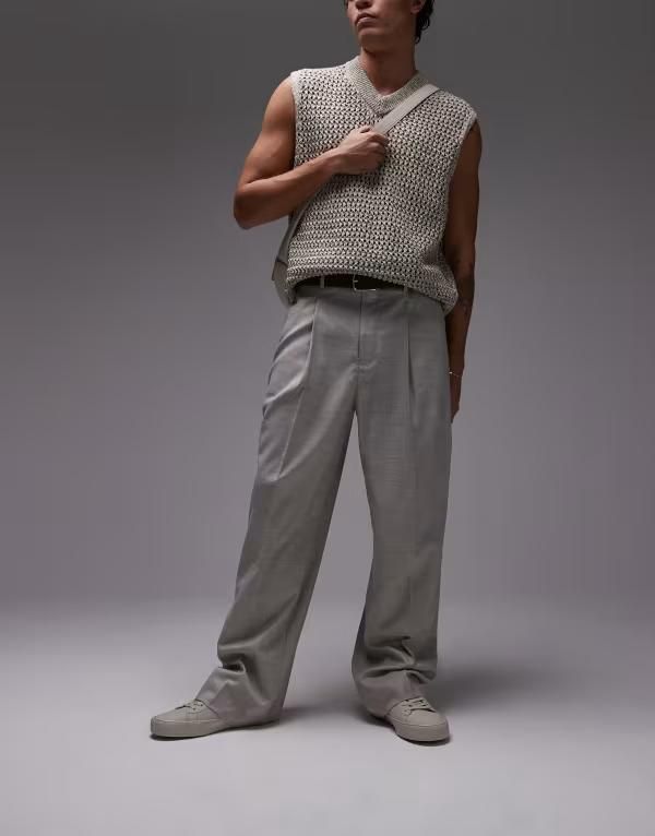 トップマン メンズ ボトムス カジュアルパンツ ワイドレッグ パンツ Topman wide leg pants in stone Stone ストーン