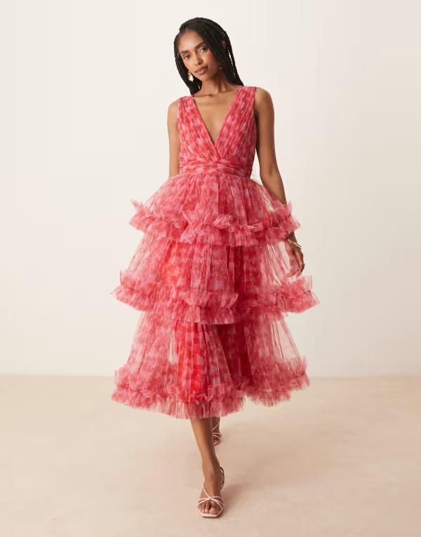 レース アンド ビーズ レディース トップス ワンピース ティアード フラワー柄 フリル フラワー Lace Beads ruffle tiered midaxi dress and pink flo
