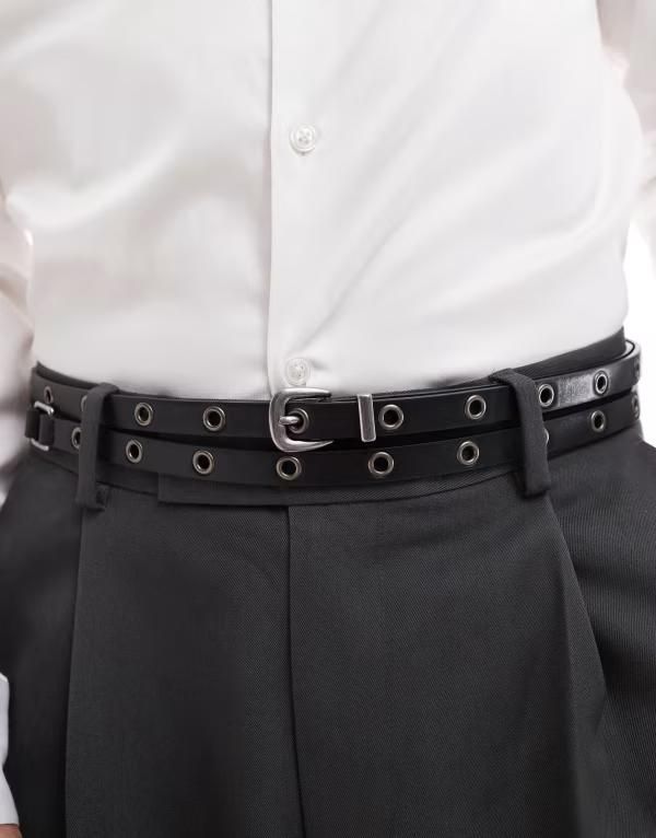 エイソス メンズ アクセサリー ベルト レザー フェイクレザー ASOS DESIGN faux leather studded double strap skinny belt Black ブラック