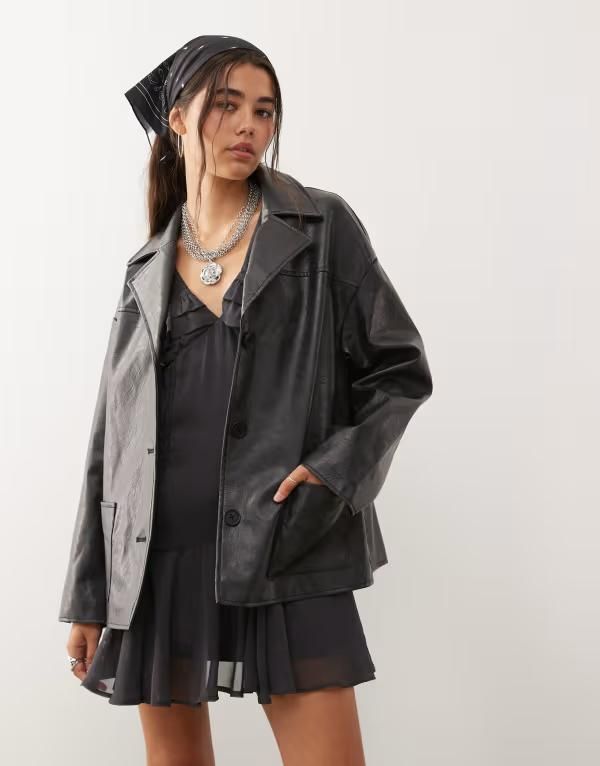 リクレイム ヴィンテージ レディース アウター ジャケット・ブルゾン ブレザー Reclaimed Vintage boxy fit leather look blazer Black ブラック 26,850円