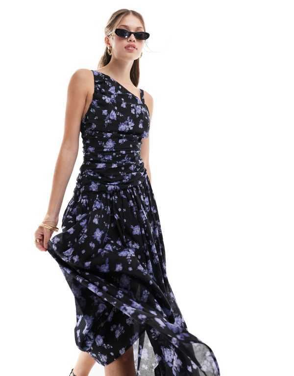 エイソス レディース トップス ワンピース アシンメトリー ミディワンピース フラワー柄 ミディ フラワー ASOS DESIGN asymmetric cross strap midi dress