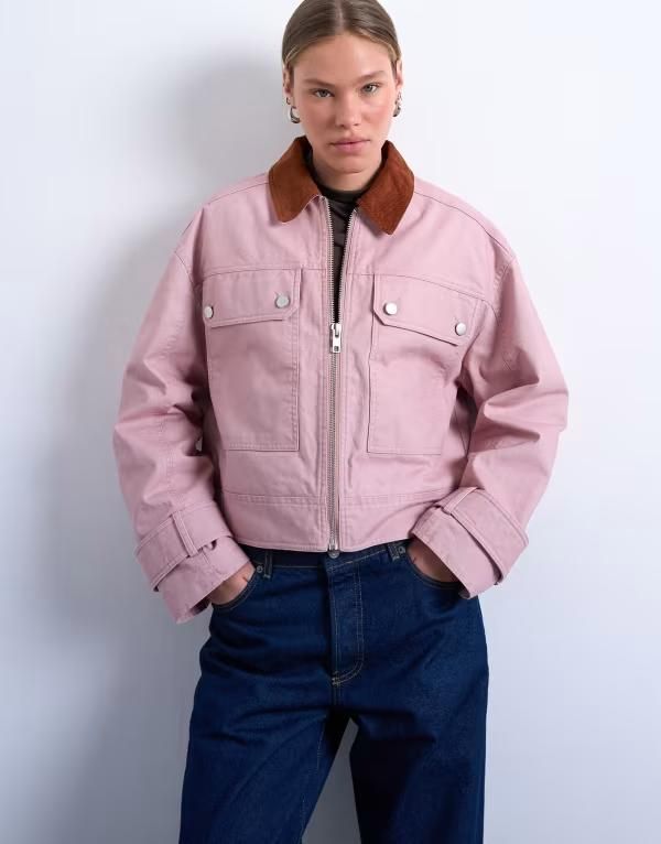 トップショップ レディース アウター コート コントラスト ジャケット Topshopatch pocket barn jacket with contrast collar PINK ピンク