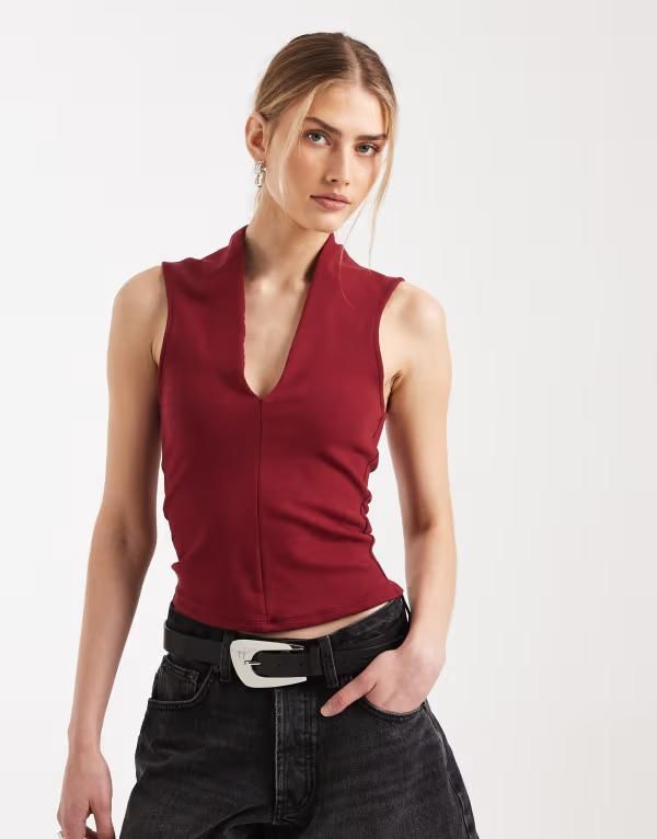 エイソス レディース トップス シャツ コットン ASOS DESIGN compact cotton plunge top Burgundy バーガンディ