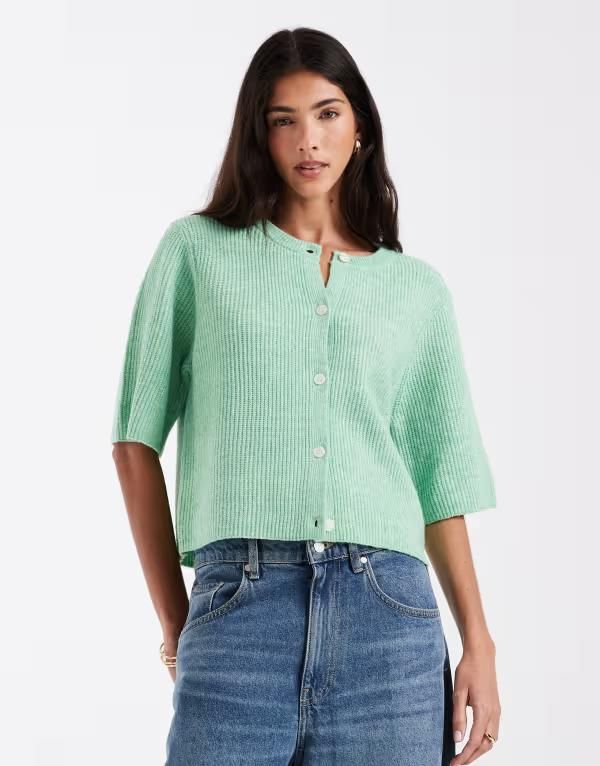 ピーシーズ レディース アウター カーディガン ニット Piecesoft knit short sleeve cardigan in apple Heathered Sprucestone グリーン