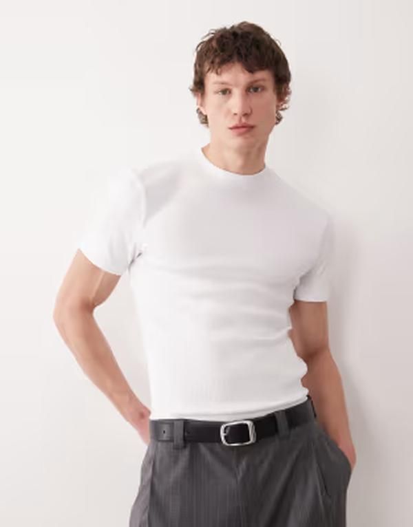 エイソス メンズ トップス Tシャツ ハイネック ASOS DESIGN slim Tshirt withigh neck rib WHITE ホワイト 8,626円